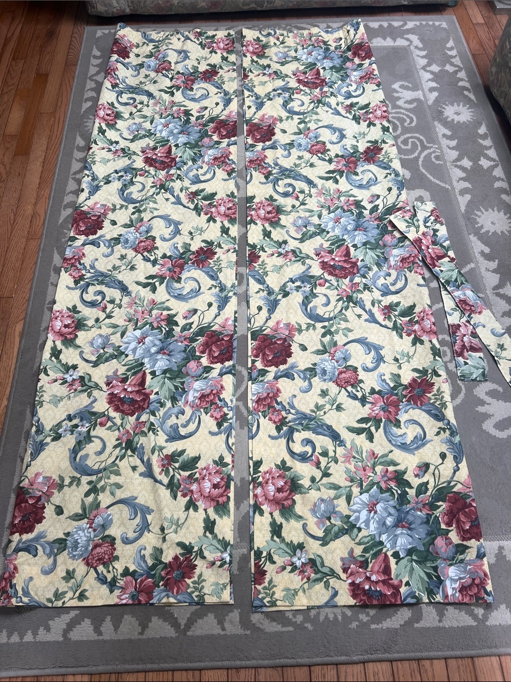 Dan River Floral Curtain Panels in Rose and Blue Blooms, Tie Backs 42”W x 86”L